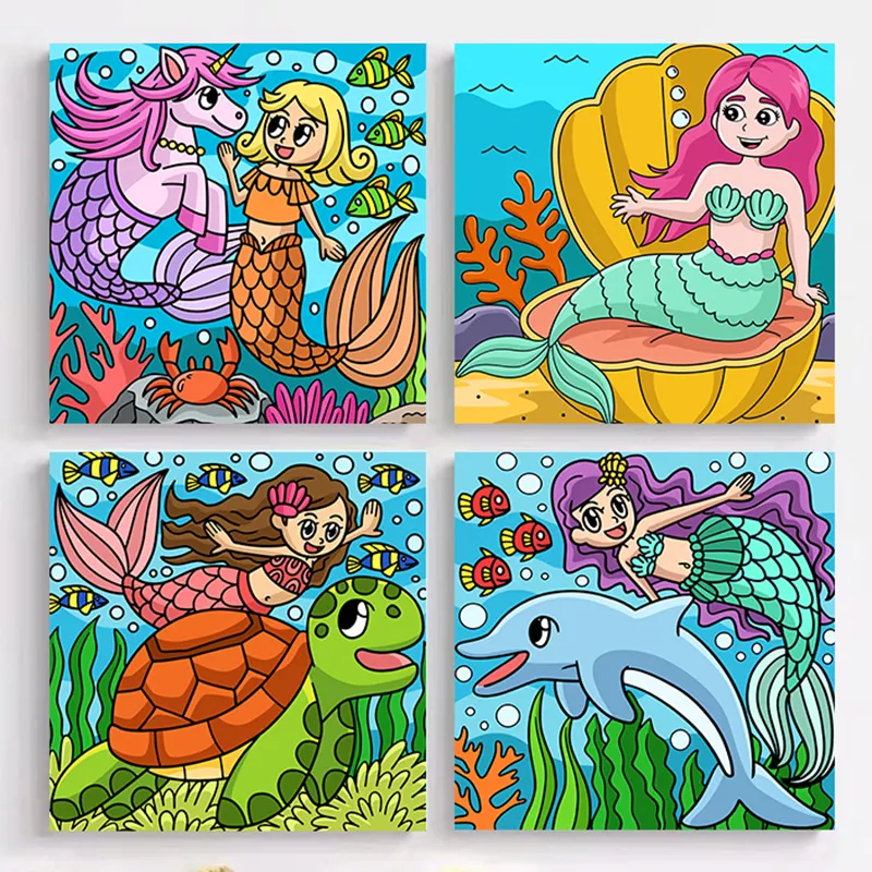 Custom Hand Painted DIY Cartoon Mermaid Square Cotton Oil Painting Canvas Frame