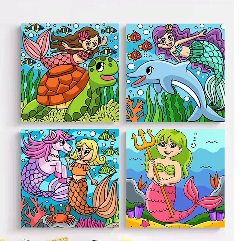Custom Hand Painted DIY Cartoon Mermaid Square Cotton Oil Painting Canvas Frame